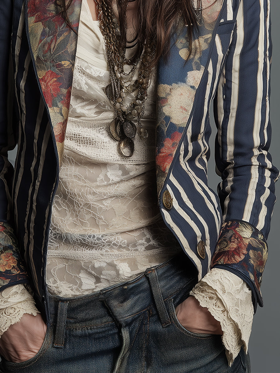 Blazer a righe con stampa floreale blu navy – dettaglio 8