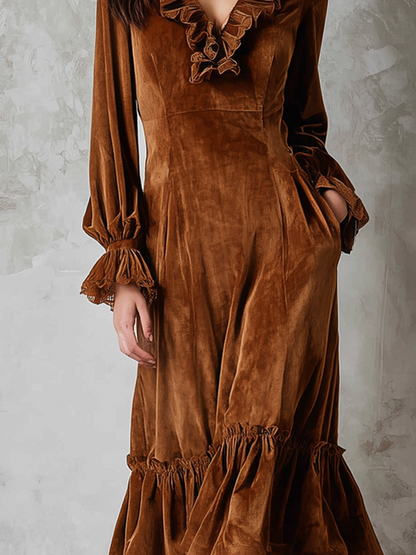Abito midi marrone in velluto con pizzo – dettaglio 4
