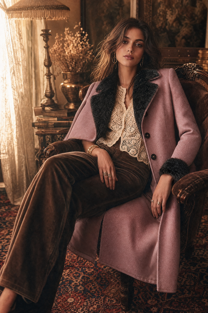 Cappotto vintage rosa slim fit in misto lana con bordo morbido – dettaglio 1
