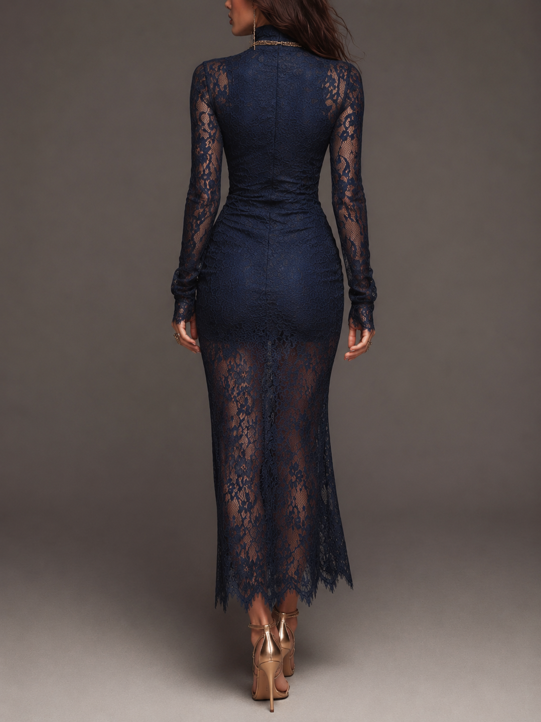 Abito midi blu navy in pizzo smerlato – dettaglio 4