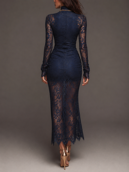 Abito midi blu navy in pizzo smerlato – dettaglio 4