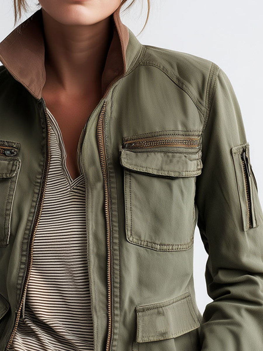 Giacca cargo verde oliva con tasche utility – dettaglio 7