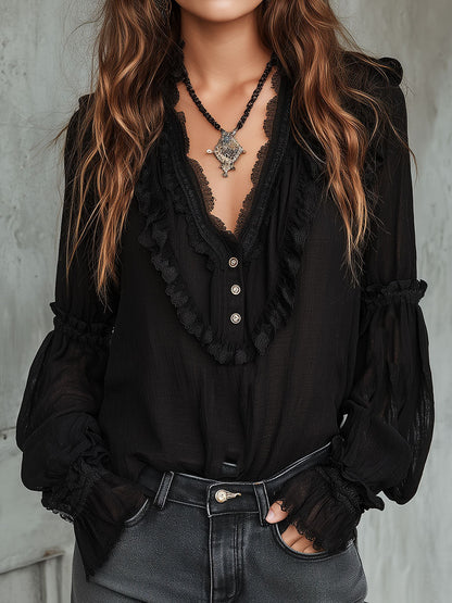Blusa vintage nera con volant – vista frontale