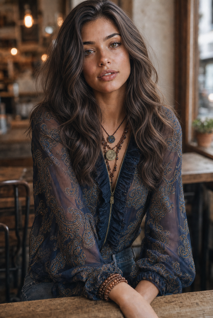 Blusa in chiffon blu navy paisley – vista 5