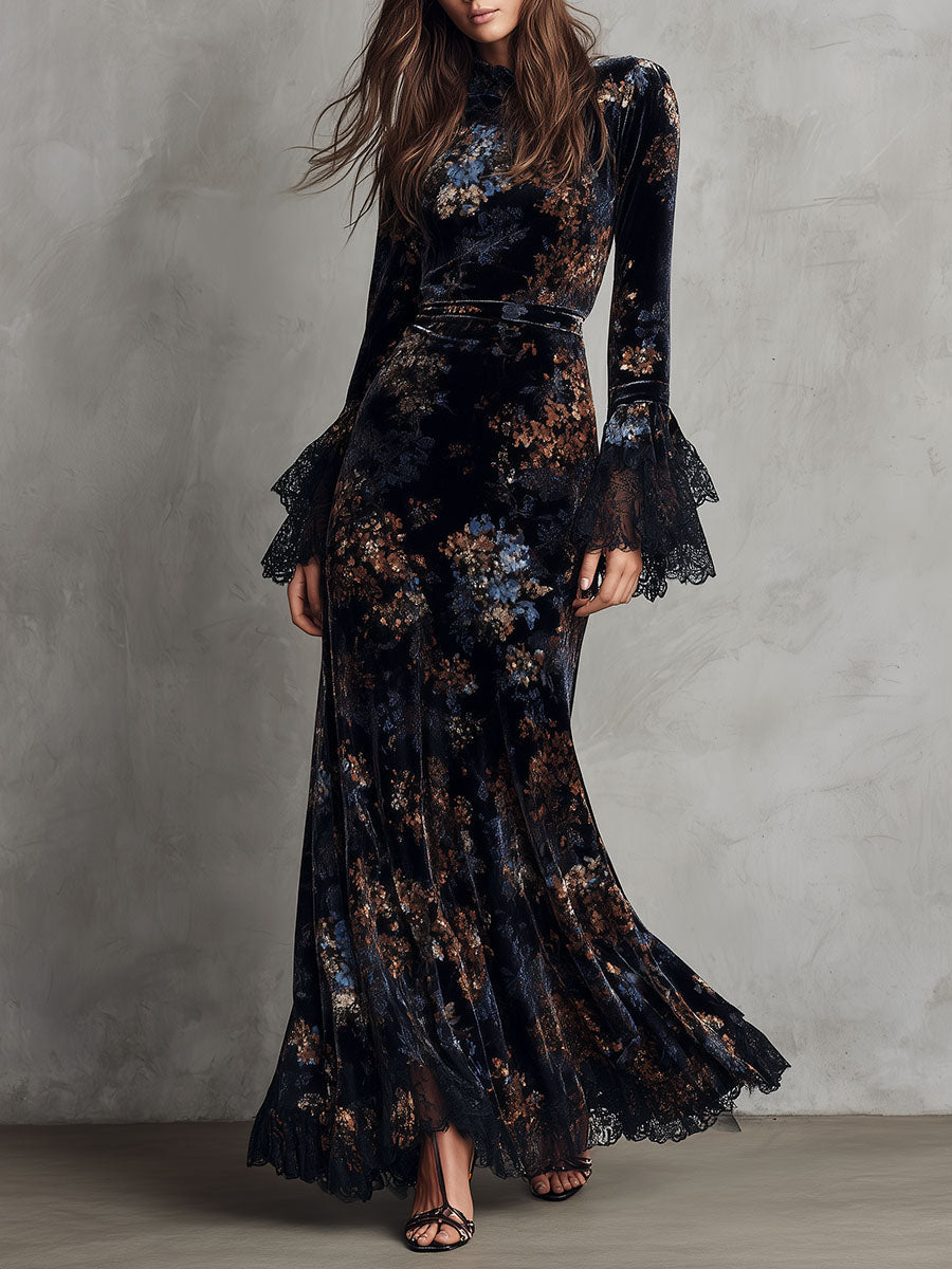 Vestito lungo blu notte in velluto – vista frontale