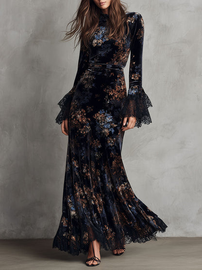 Vestito lungo blu notte in velluto – vista frontale