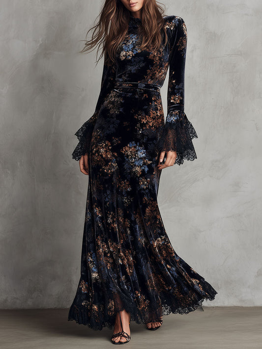 Vestito lungo blu notte in velluto – vista frontale