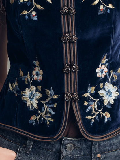 Gilet boho in velluto blu navy ricamato – dettaglio 6