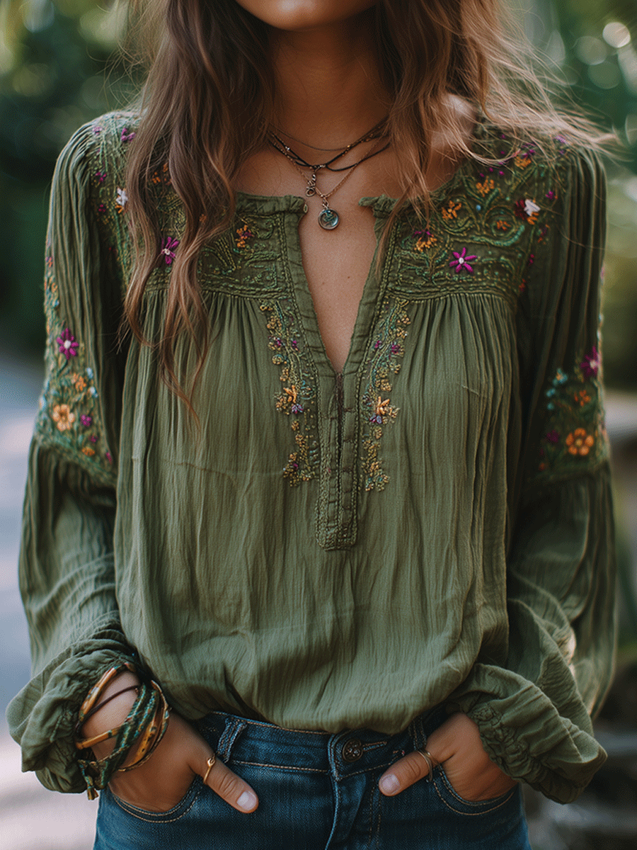 Camicia in cotone verde oliva ricamata – vista frontale
