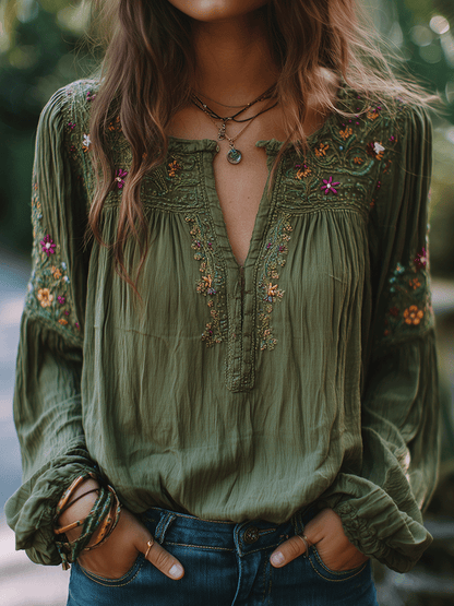 Camicia in cotone verde oliva ricamata – vista frontale