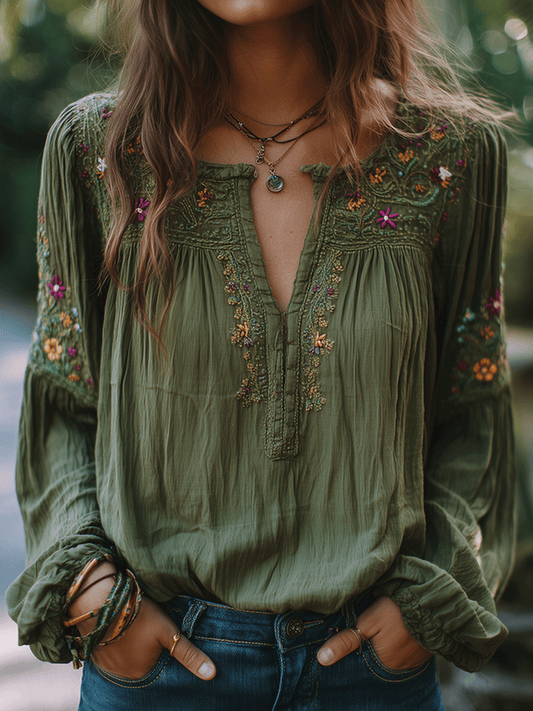 Camicia in cotone verde oliva ricamata – vista frontale
