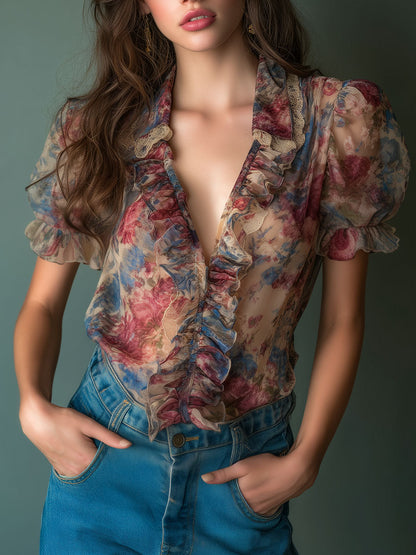 Blusa vintage floreale color albicocca – vista frontale