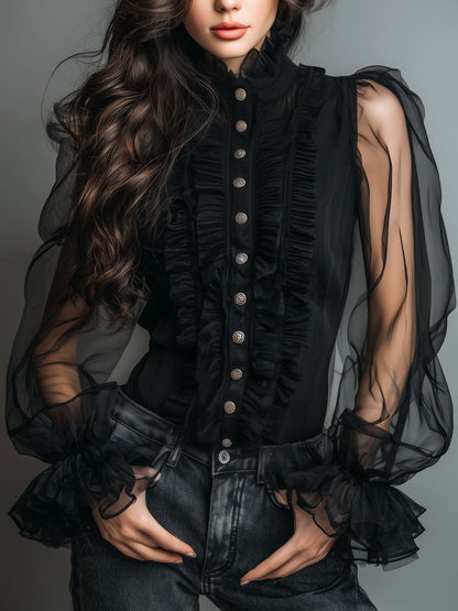 Blusa vintage in organza nera con volant – vista frontale