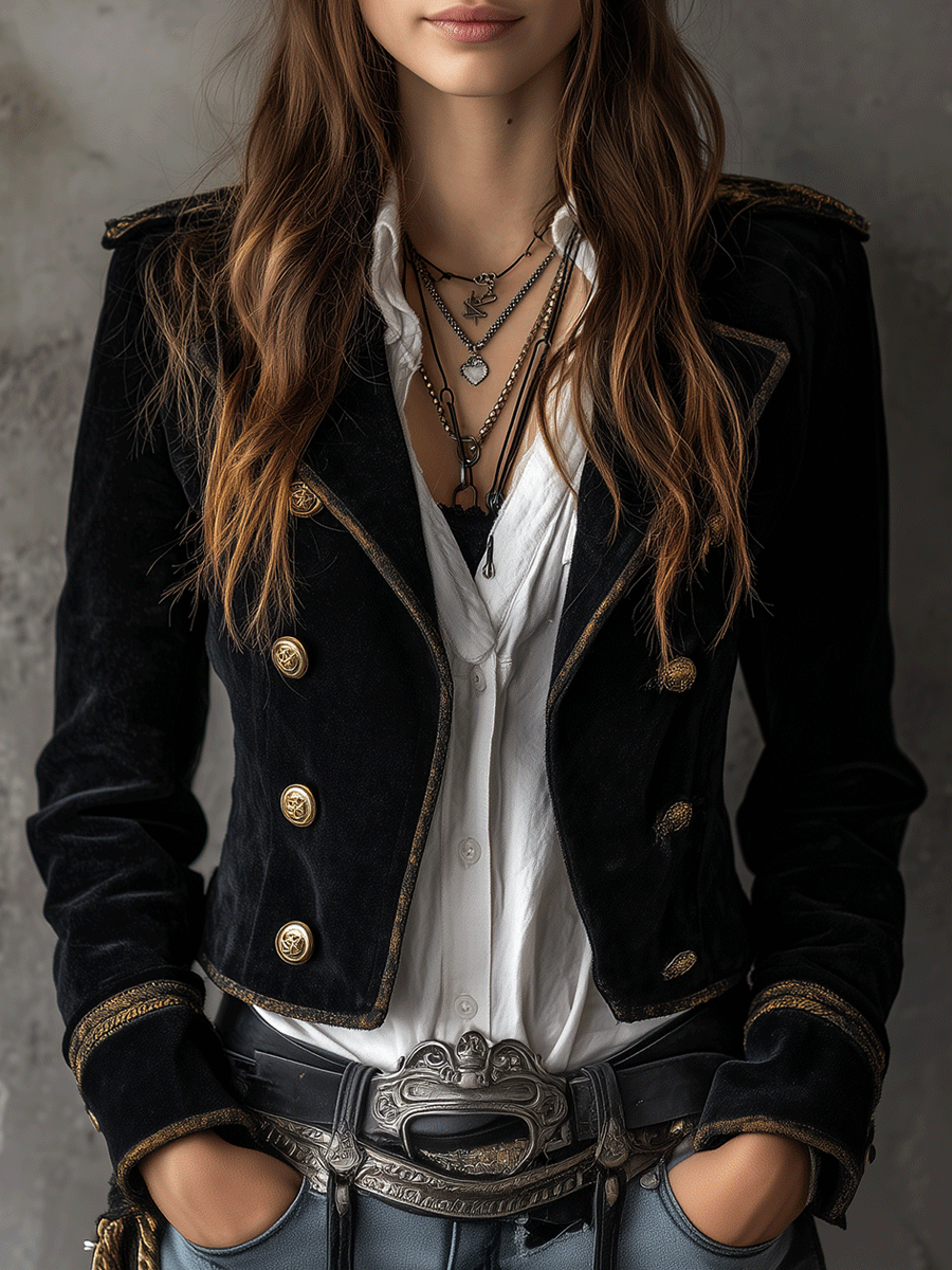 Blazer in velluto nero con bottoni dorati – vista frontale