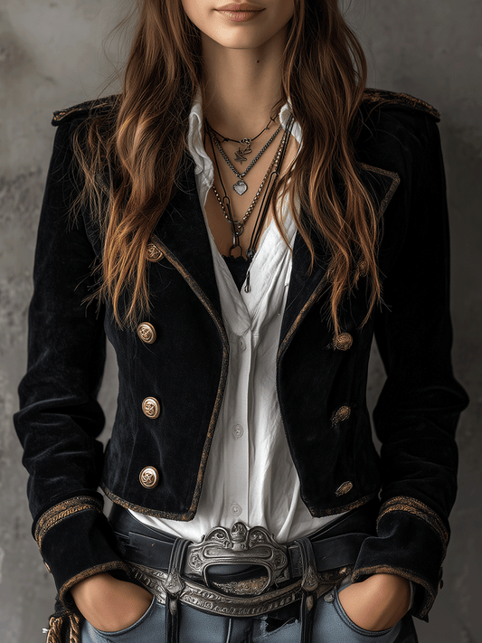 Blazer in velluto nero con bottoni dorati – vista frontale