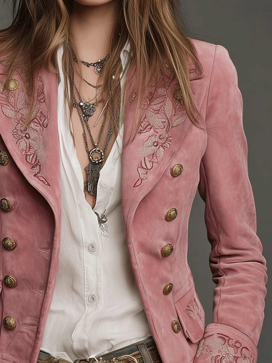 Giacca scamosciata rosa ricamata – look completo