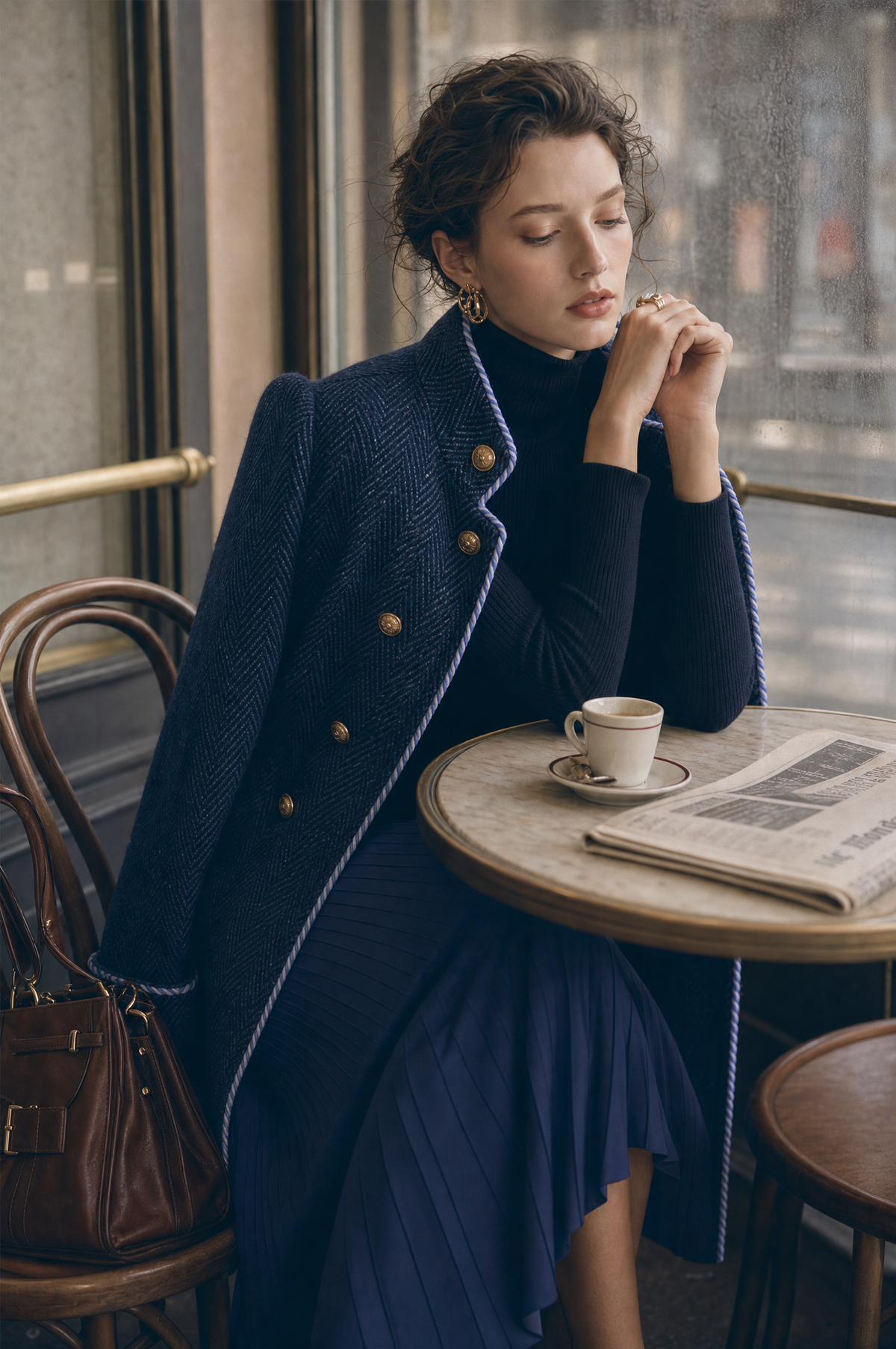 Cappotto lungo in lana spigata blu navy – styling