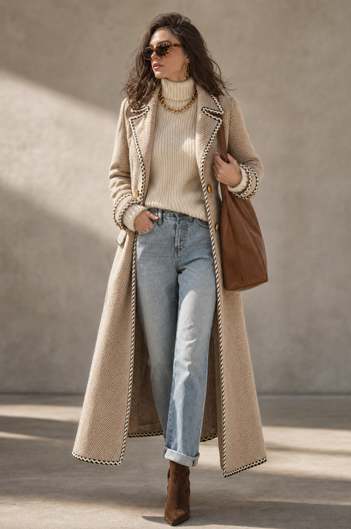 Cappotto lungo in lana spigata color kaki – dettaglio 7