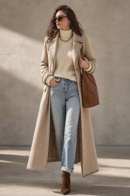 Cappotto lungo in lana spigata color kaki – dettaglio 7