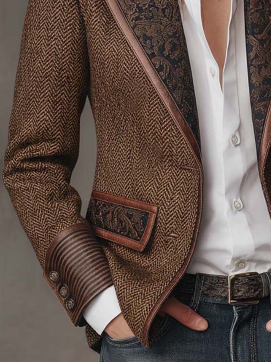 Blazer in tweed spigato marrone – dettaglio del tessuto