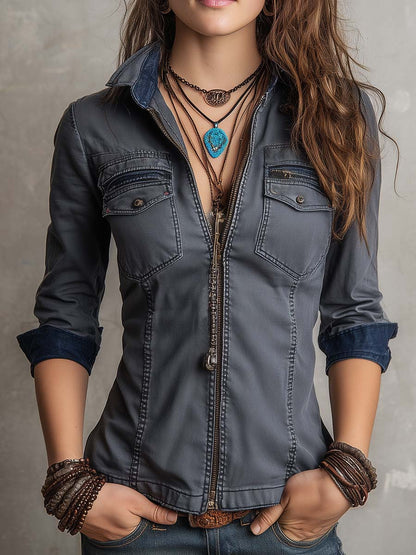 Camicia in denim blu lavato vintage – vista frontale