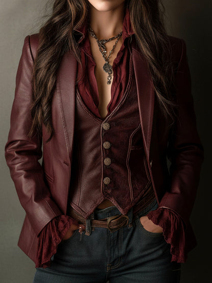 Blazer vintage bordeaux in ecopelle – vista frontale