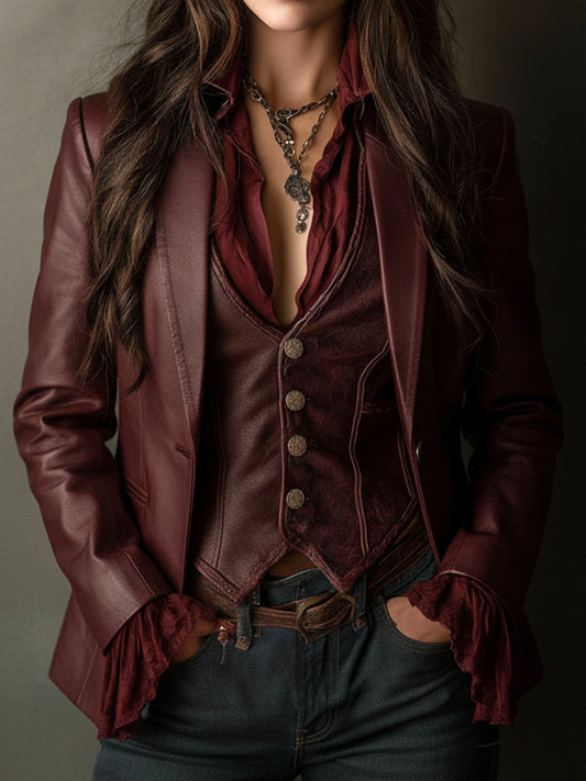 Blazer vintage bordeaux in ecopelle – vista frontale
