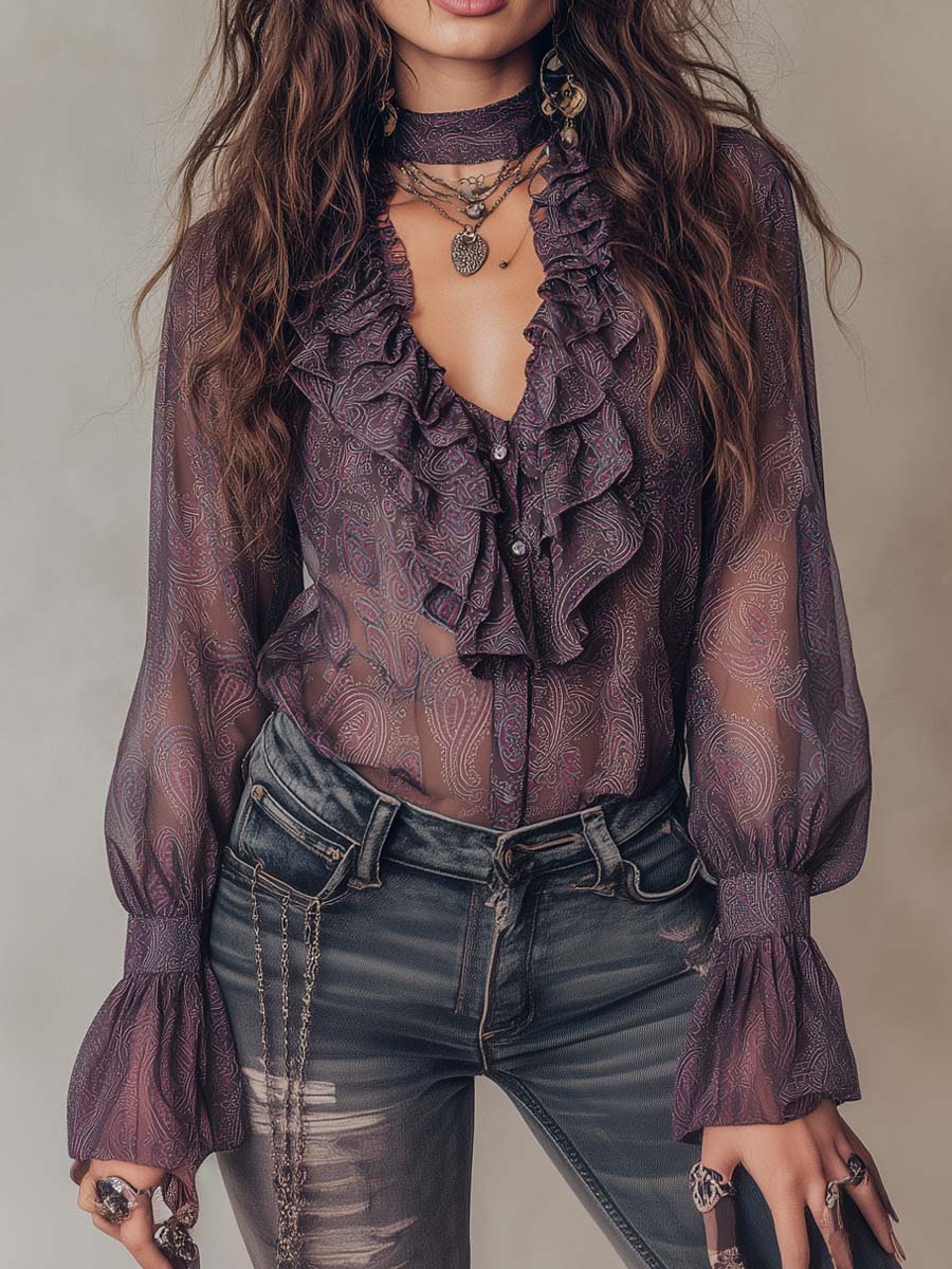 Camicetta viola in chiffon paisley – vista frontale