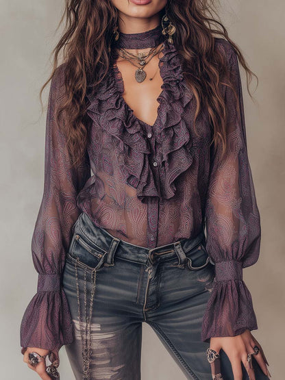 Camicetta viola in chiffon paisley – vista frontale