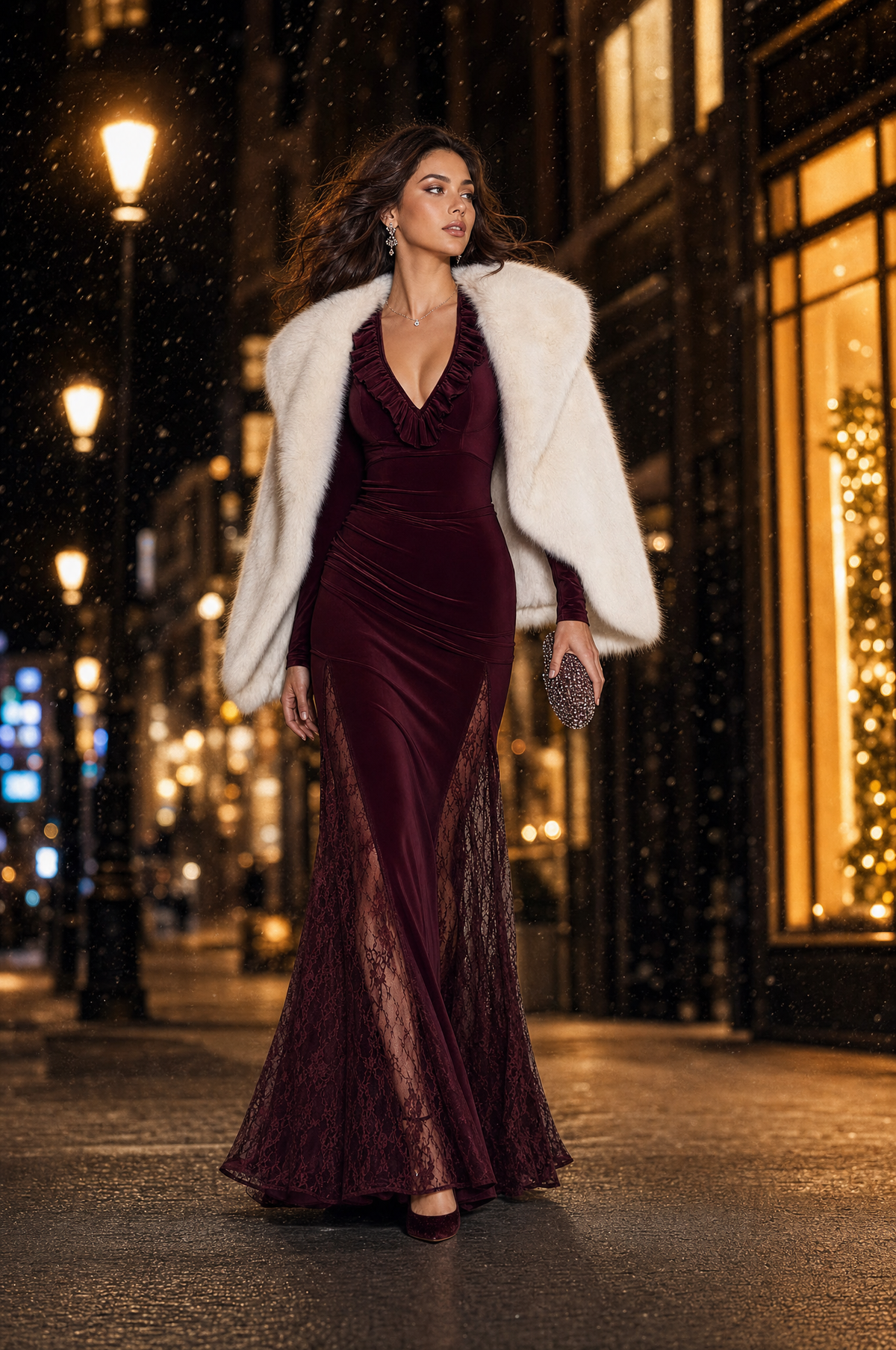 Abito maxi bordeaux in velluto con pizzo – look indossato