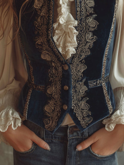 Gilet in velluto blu navy ricamato – dettaglio 7