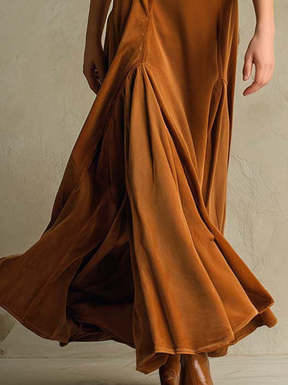 Vestito lungo in velluto caramello – dettaglio del tessuto