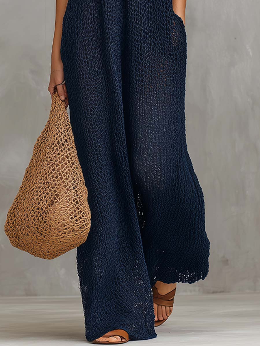 Tuta boho in maglia blu navy – vista laterale