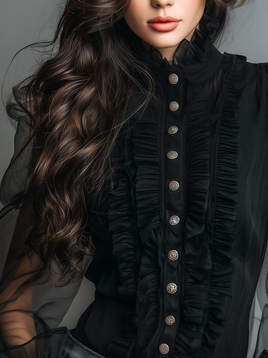 Blusa vintage in organza nera con volant – dettaglio 7