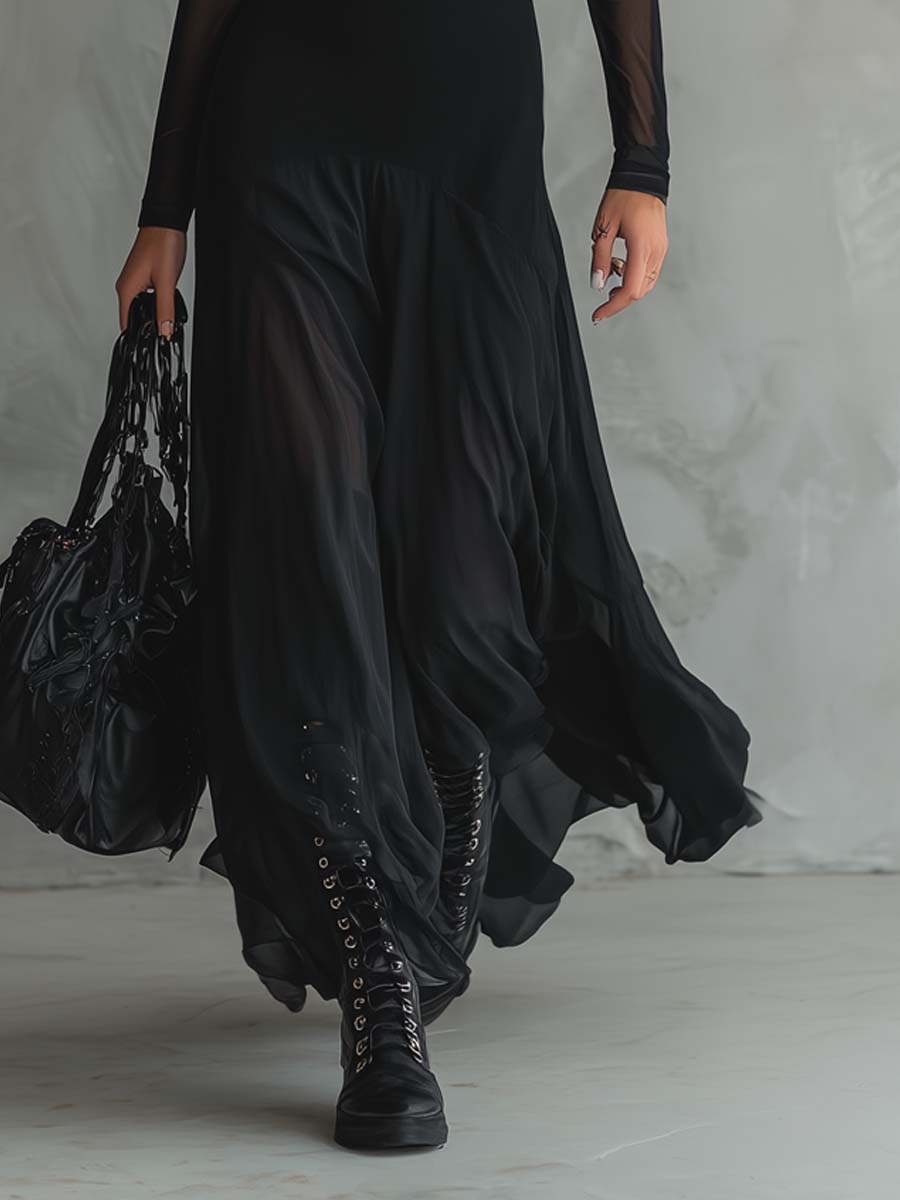Vestito lungo nero con maniche trasparenti – vista laterale