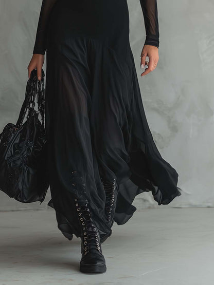 Vestito lungo nero con maniche trasparenti – vista laterale