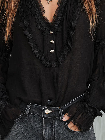 Blusa vintage nera con volant – vista d'insieme