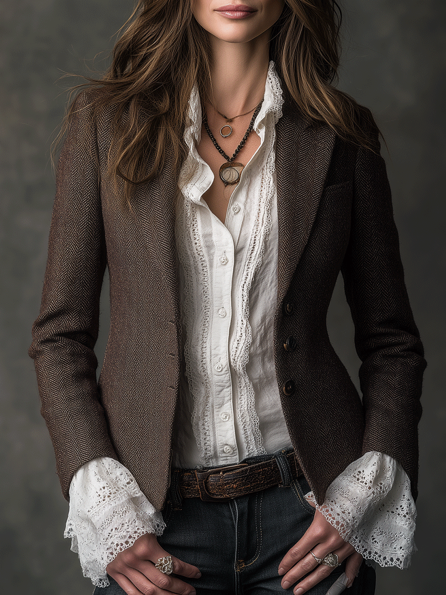 Blazer sartoriale marrone in misto tweed – vista frontale