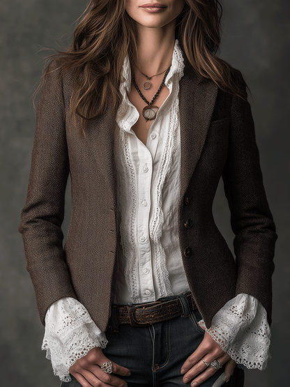 Blazer sartoriale marrone in misto tweed – vista frontale
