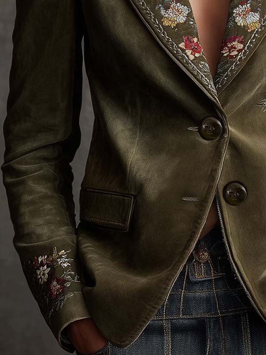 Blazer in velluto verde oliva ricamato – dettaglio 7