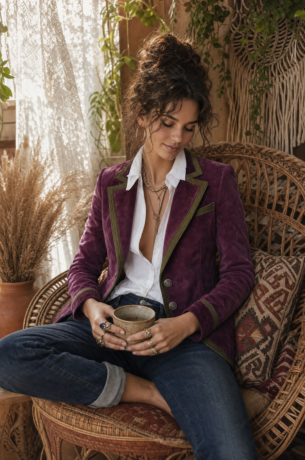 Blazer vintage aderente color prugna effetto camoscio con profili a contrasto – dettaglio 2
