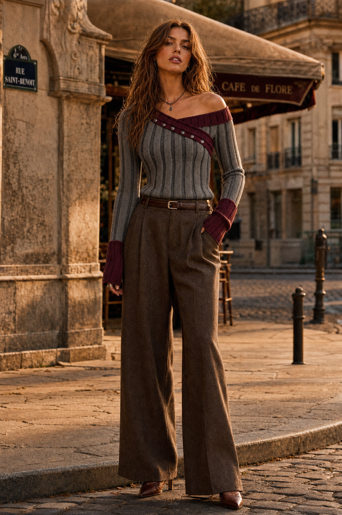 Maglione grigio a coste – look completo