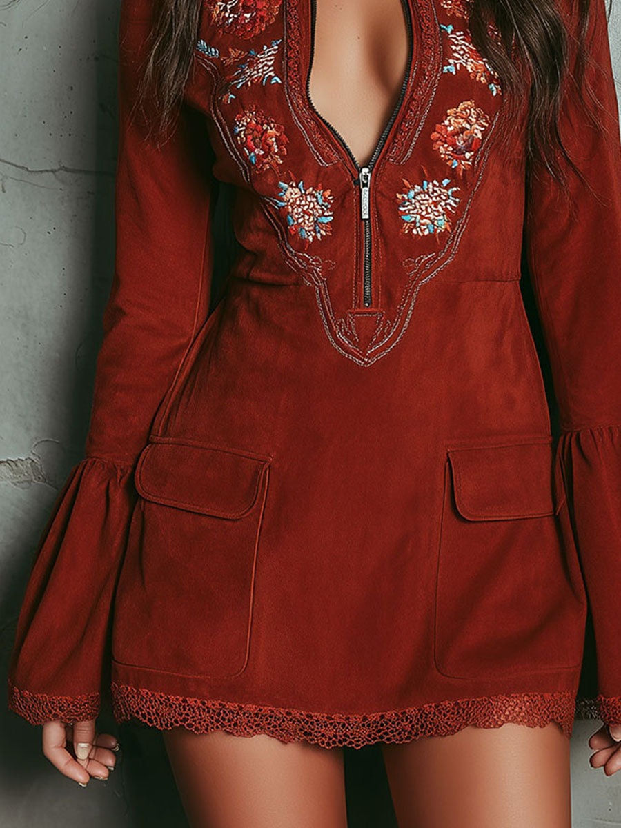 Vestito mini rosso mattone ricamato – dettaglio 6