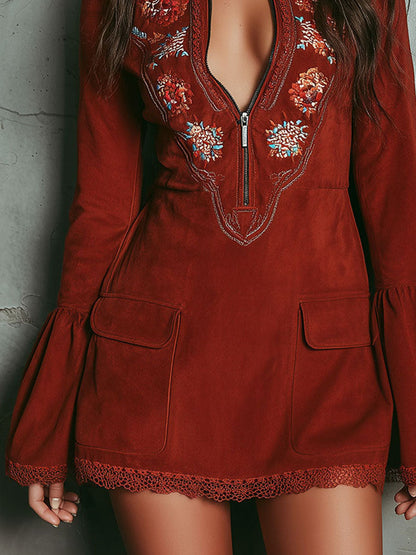 Vestito mini rosso mattone ricamato – dettaglio 6