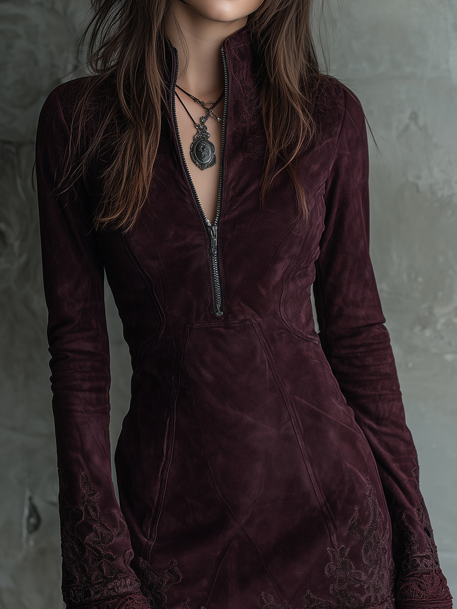 Vestito mini bordeaux in microcamoscio – dettaglio 5