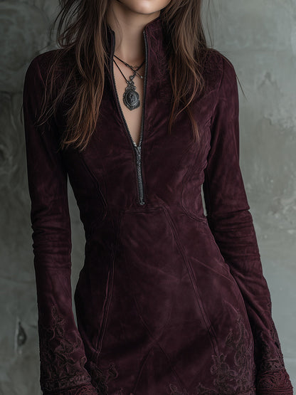 Vestito mini bordeaux in microcamoscio – dettaglio 5