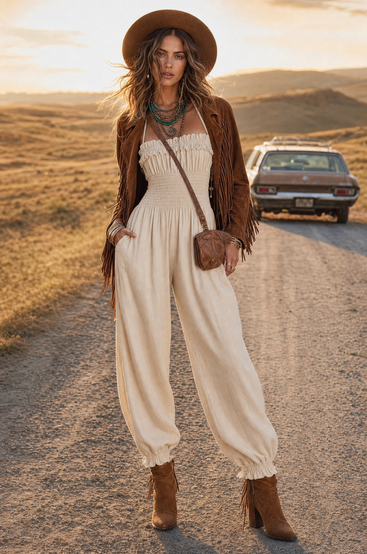 Tuta jumpsuit boho in misto lino con pizzo – dettaglio 5