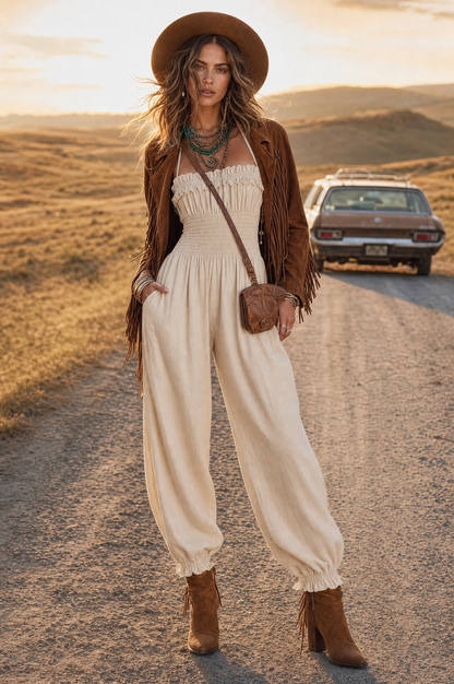 Tuta jumpsuit boho in misto lino con pizzo – dettaglio 5