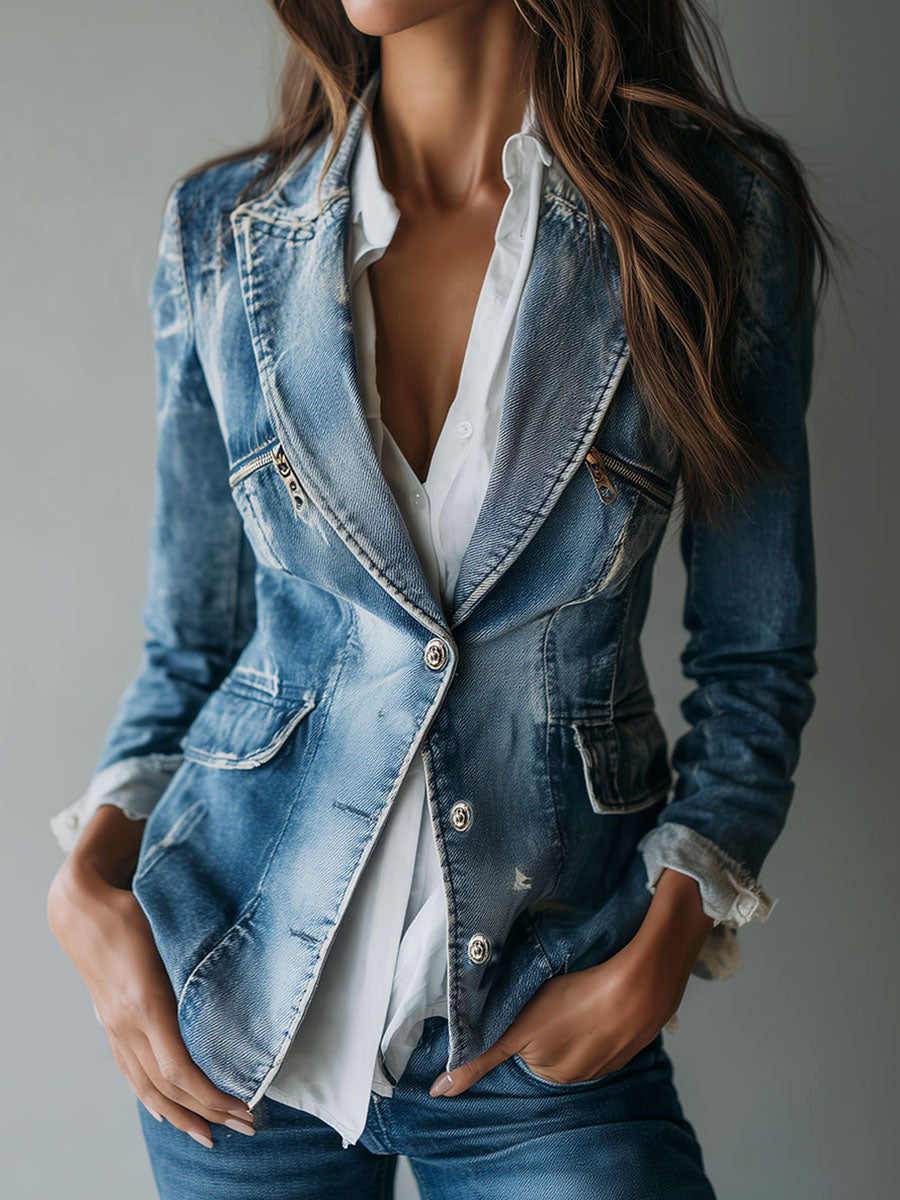 Blazer in denim blu lavato – vista frontale