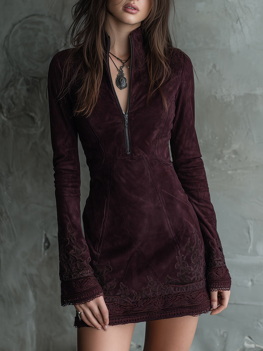 Vestito mini bordeaux in microcamoscio – vista frontale